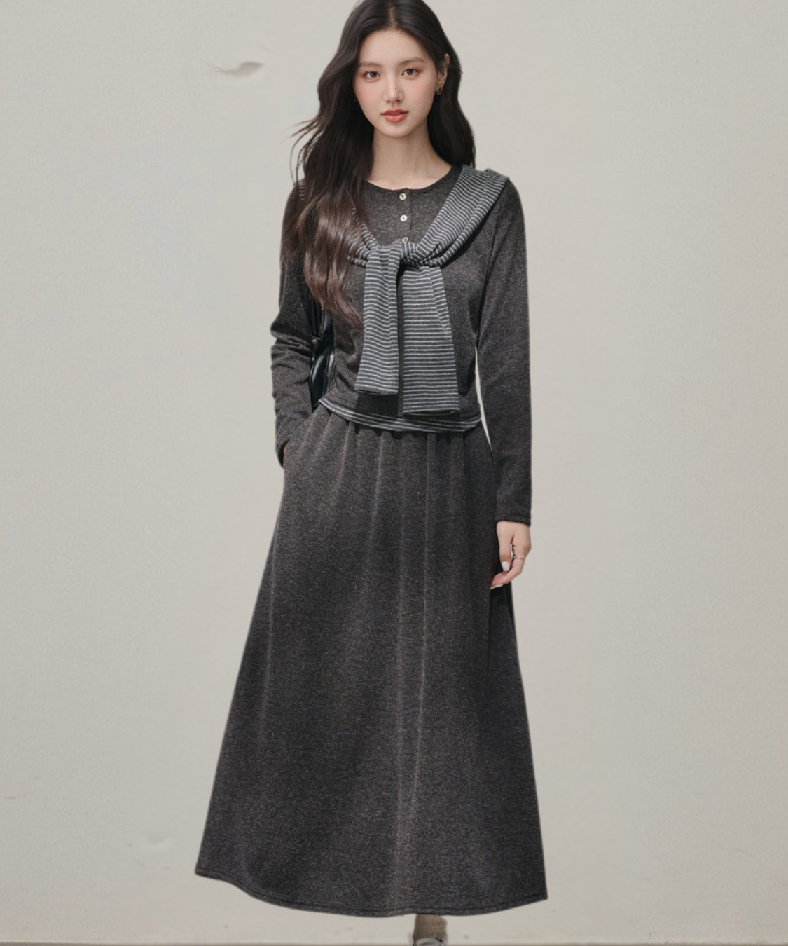 ヘンリーネックニット＋ロングスカート＋フード付きボーダーショール 3点セット