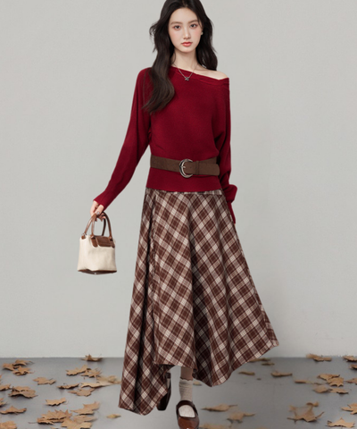 オフショルダーニット＋チェックアシンメトリースカート 2点セット