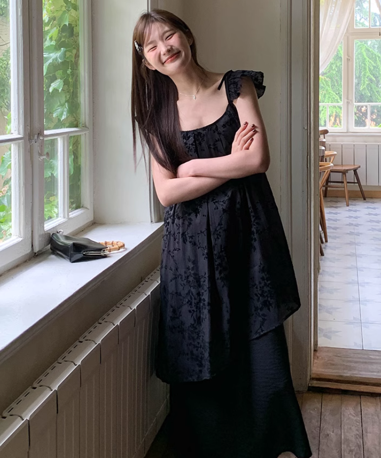 フロック刺繍ストラップスリーブロングトップス – jemiremi（ジェミレミ）