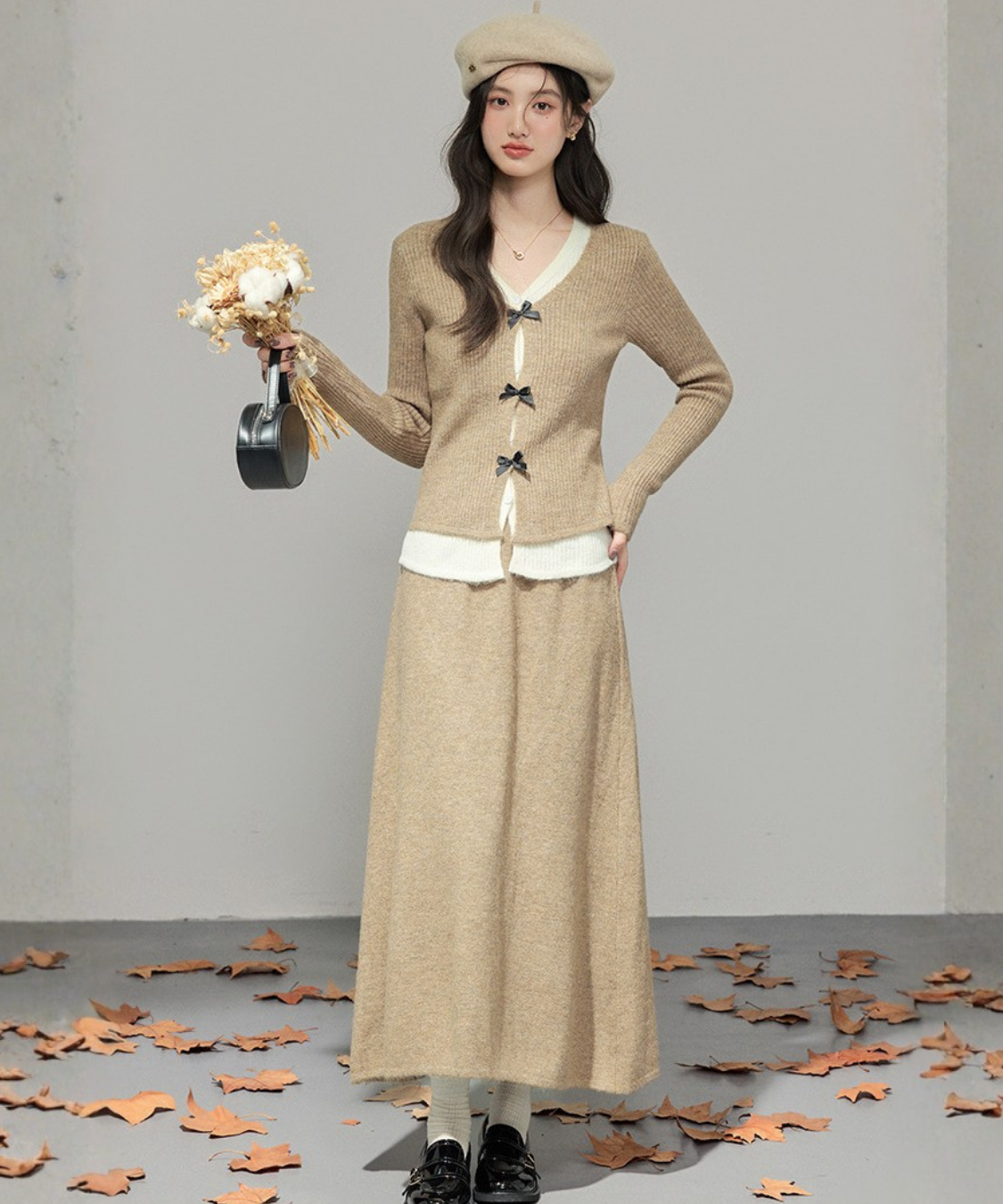 フロントリボンリブカーデ＋ロングニットスカート 2点セット