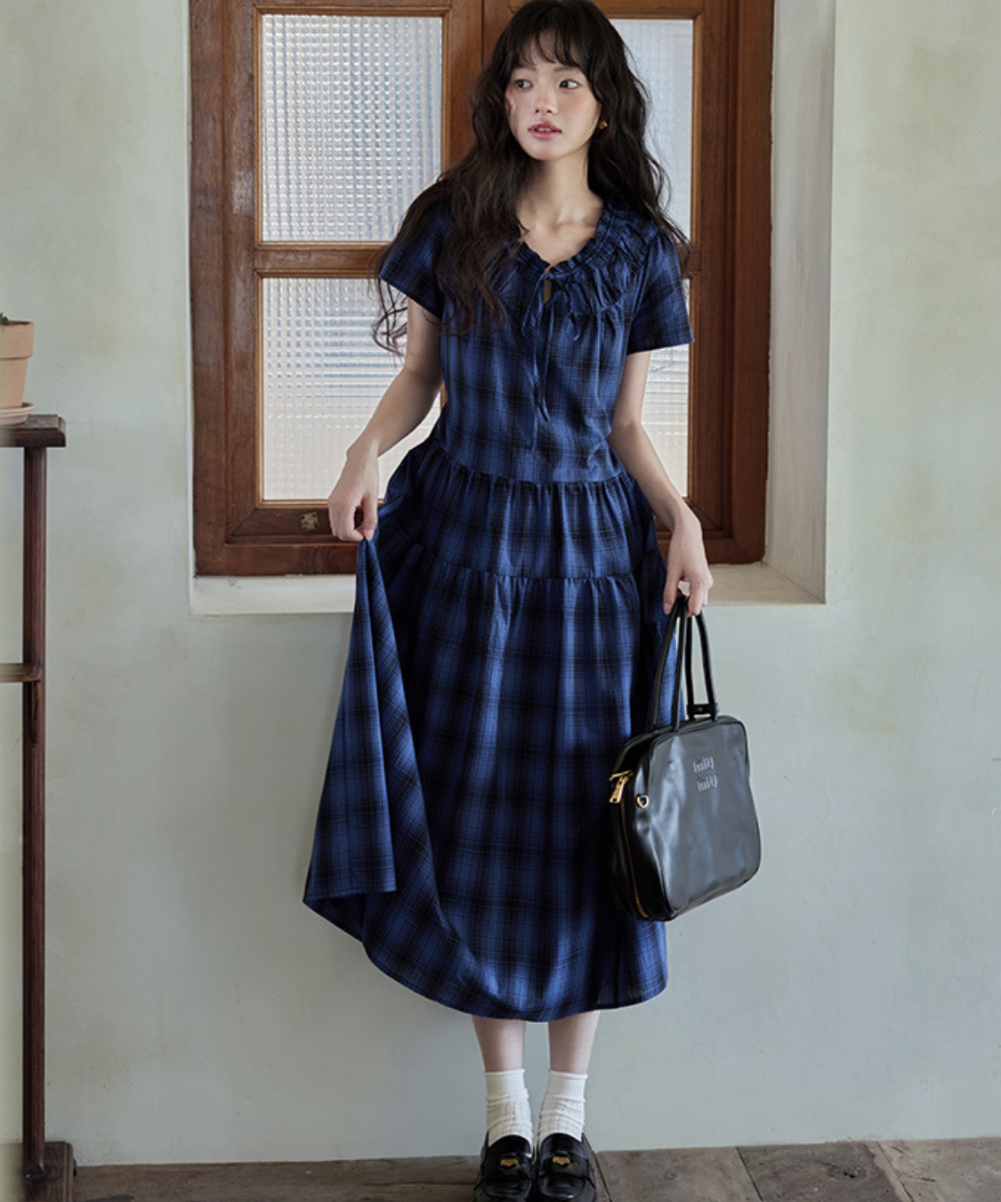 チェック柄ギャザーフリルネックティアードワンピース