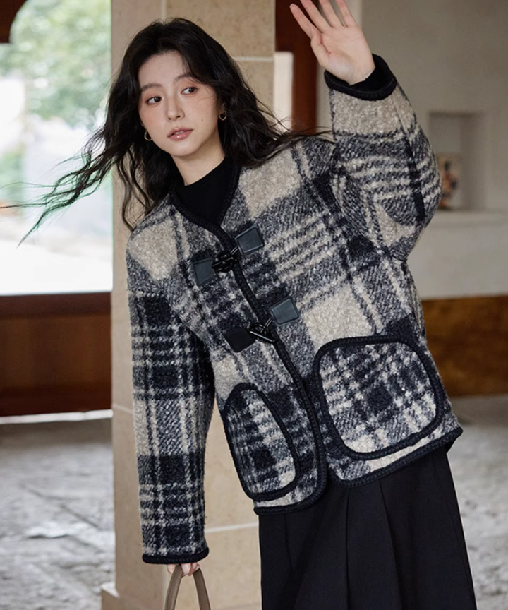 45R umii908 モヘヤ　ノーカラー ジャケット　チェック 45R umii908 モヘヤ ノーカラー ジャケット チェック 45R umii908