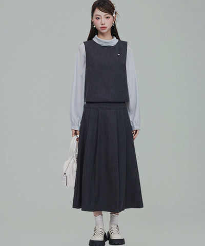バックリボンブラウス＋無地ノースリーブベスト＋フレアタックスカート 3点セット