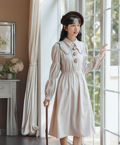 ダブルカラーフラワーモチーフギャザーワンピース