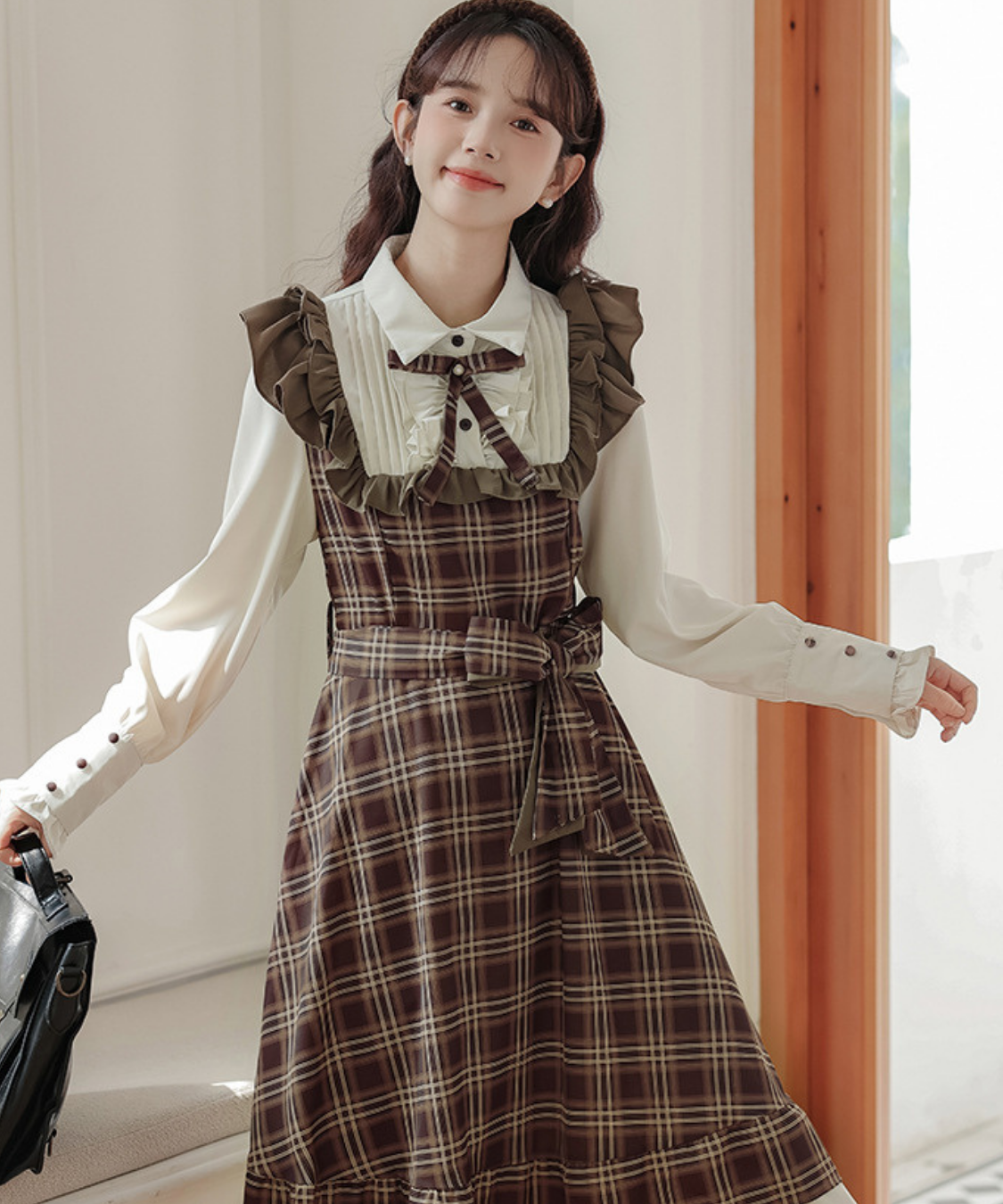 ピンタックブラウスドッキングチェック柄ワンピース