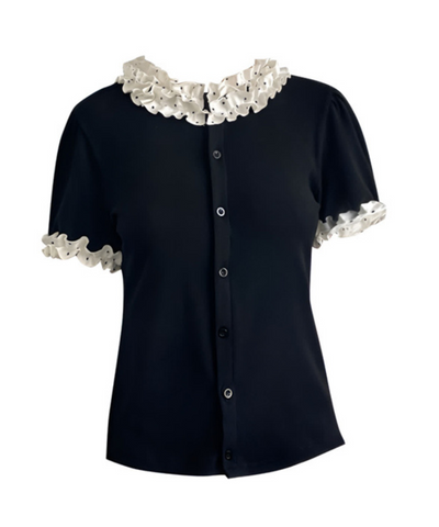 襟袖ドット柄フリル付き前開きカットソー