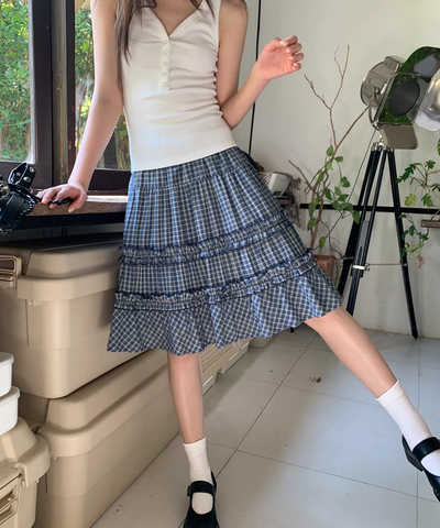 ティアードフリル膝丈チェックスカート