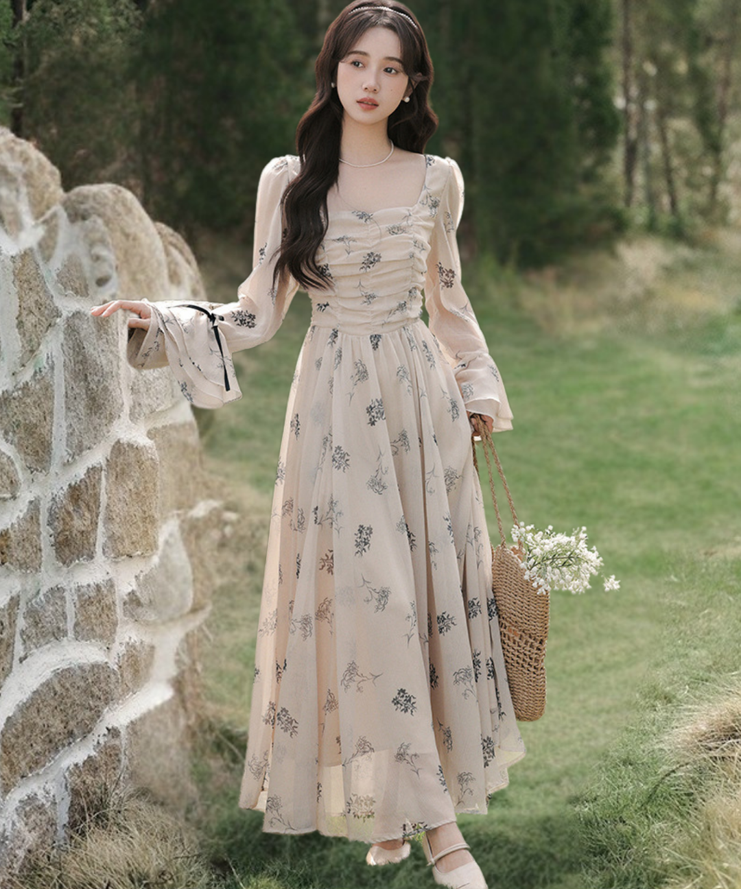 フレアカフスリボン付き花柄ワンピース – jemiremi（ジェミレミ）