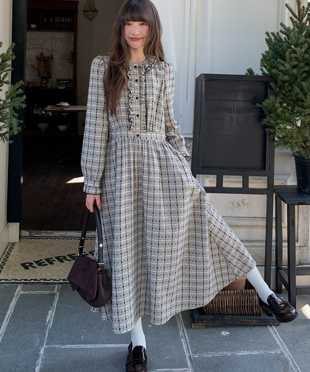 ラウンドカラーフリルチェックワンピース – jemiremi（ジェミレミ）