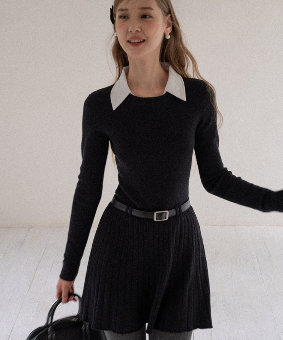 配色シャツ襟プリーツニットワンピース