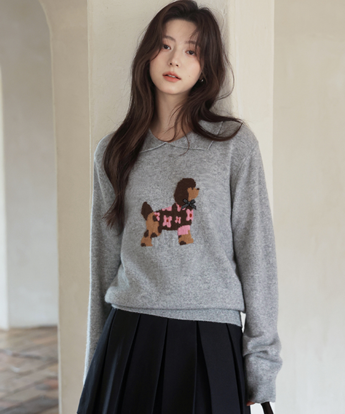ドッグデザイン襟付きニット