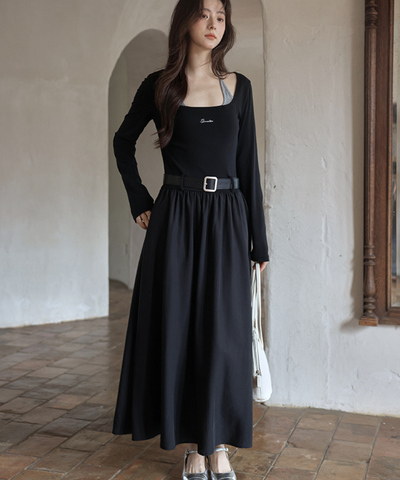 ロゴ刺繍フェイク2ピースウエストベルトワンピース
