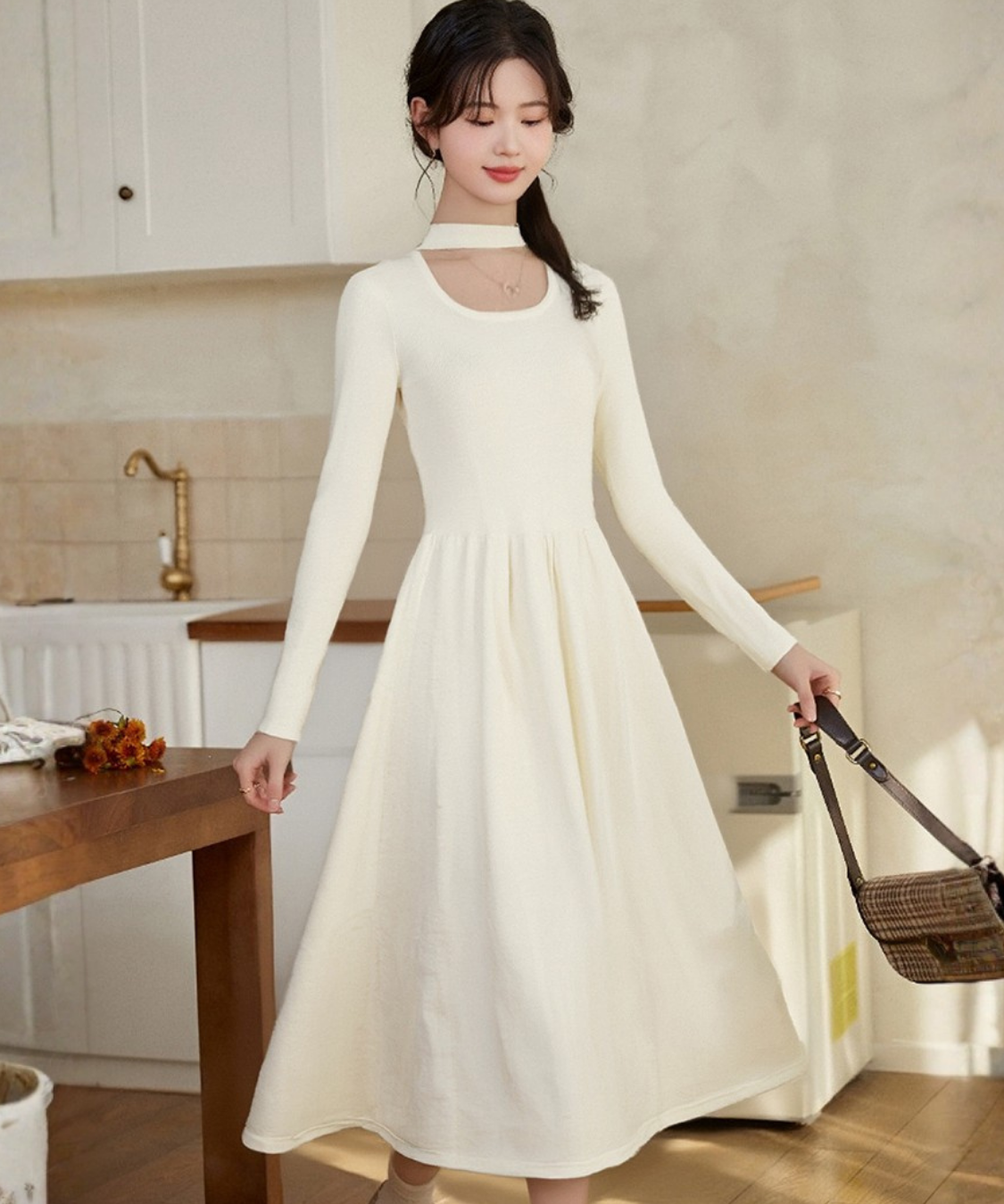 チョーカーデザインリブニットワンピース