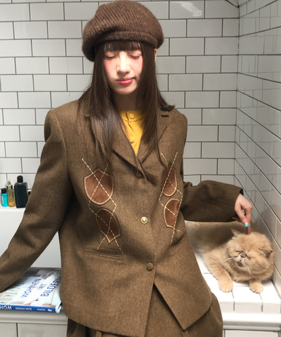 アーガイル刺繍ジャケット＋ボックスプリーツスカート 2点セット