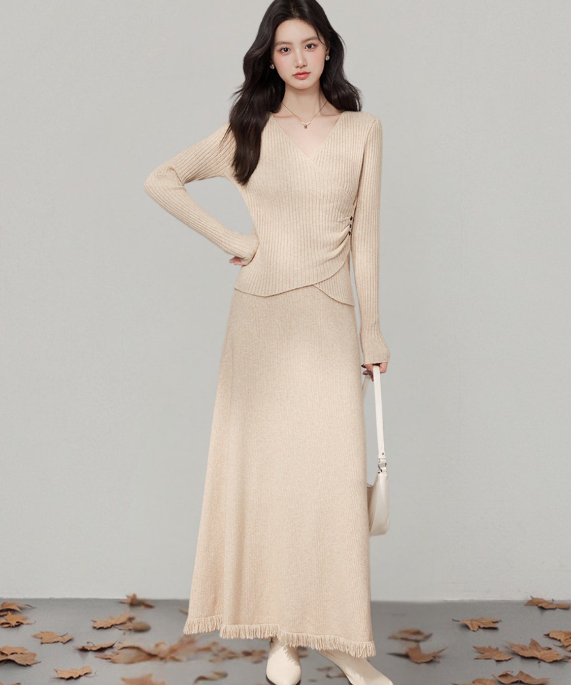 カシュクール風リブニットトップス＋フリンジロングスカート 2点セット