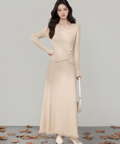 カシュクール風リブニットトップス＋フリンジロングスカート 2点セット