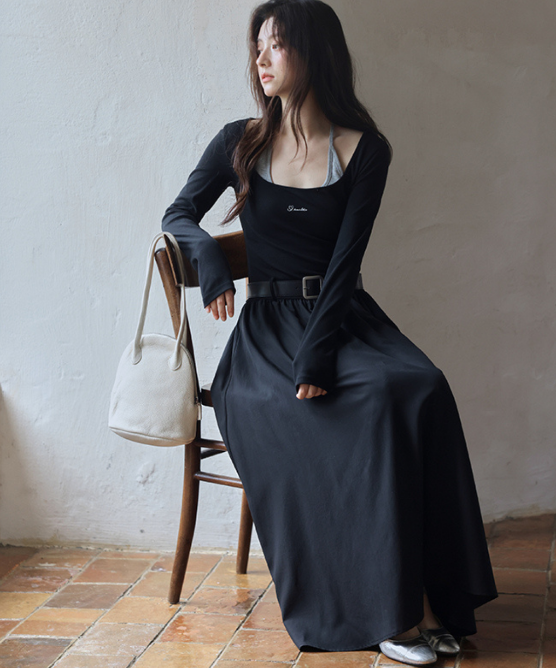 ロゴ刺繍フェイク2ピースウエストベルトワンピース