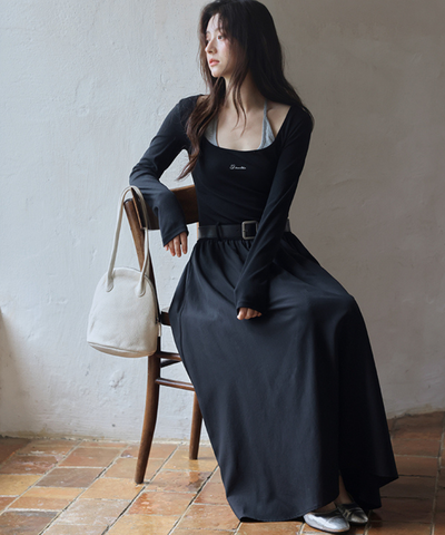 ロゴ刺繍フェイク2ピースウエストベルトワンピース