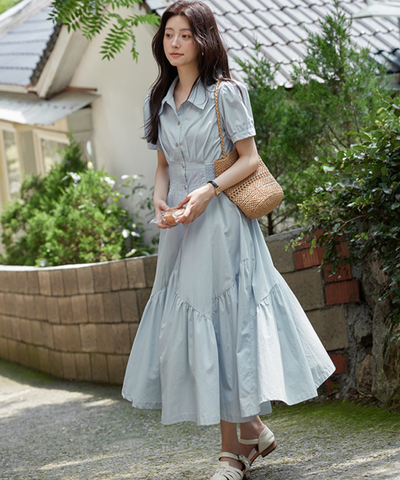 前ボタン付きシャーリングウエストワンピース