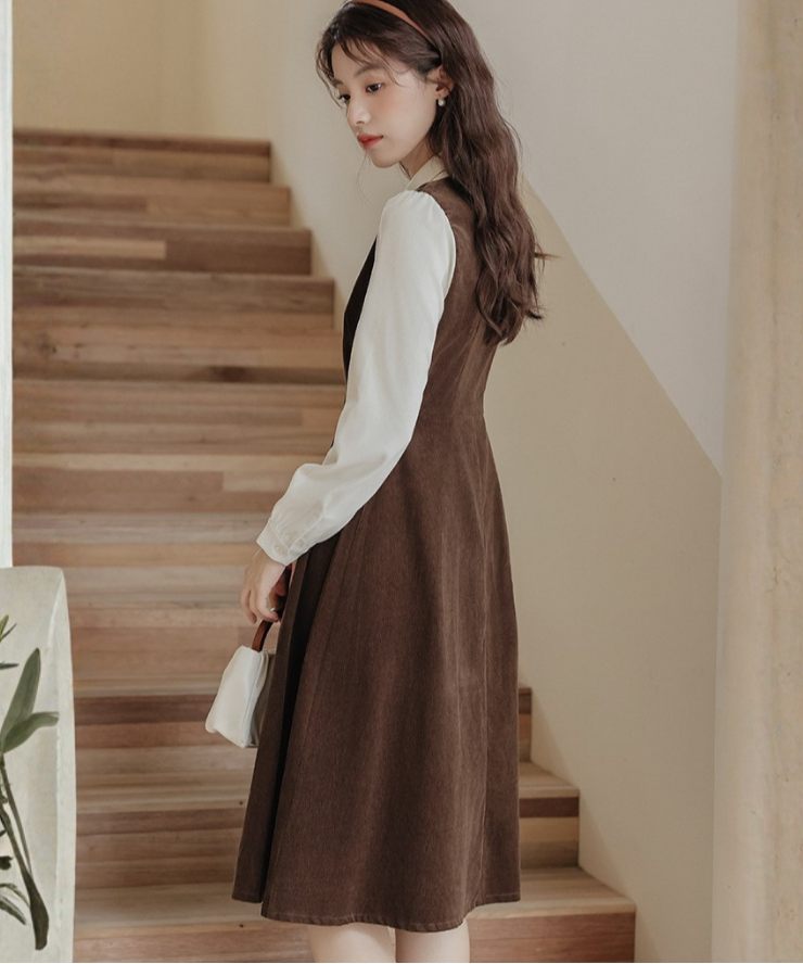 配色風ステッチ襟フェイクレイヤードコーデュロイワンピース