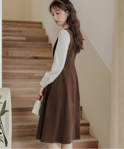 配色風ステッチ襟フェイクレイヤードコーデュロイワンピース