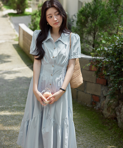 前ボタン付きシャーリングウエストワンピース