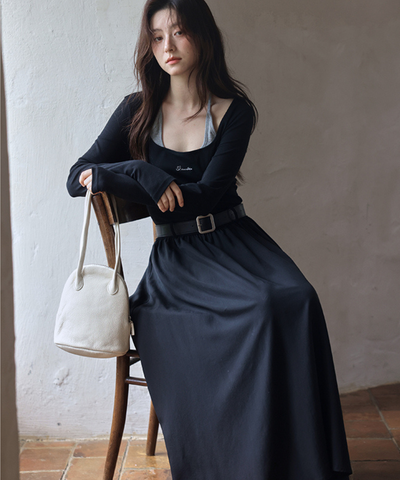 ロゴ刺繍フェイク2ピースウエストベルトワンピース