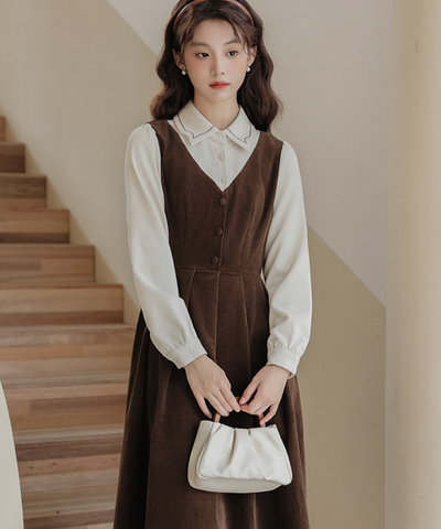 配色風ステッチ襟フェイクレイヤードコーデュロイワンピース