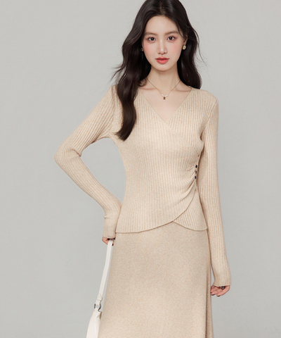 カシュクール風リブニットトップス＋フリンジロングスカート 2点セット