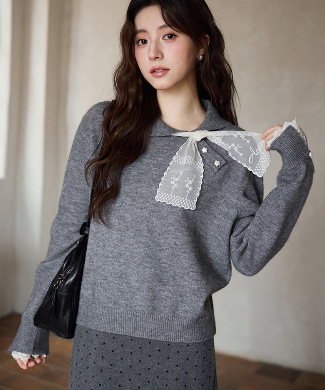 レーススカーフ付き小花ボタンニット