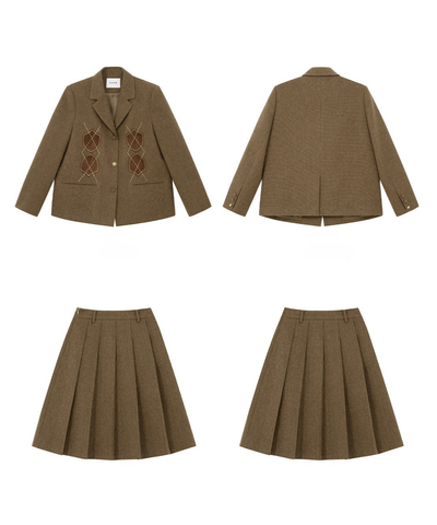 アーガイル刺繍ジャケット＋ボックスプリーツスカート 2点セット
