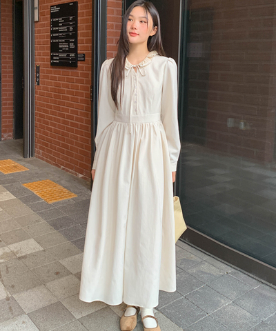 フリル襟リボン付きジャカードワンピース