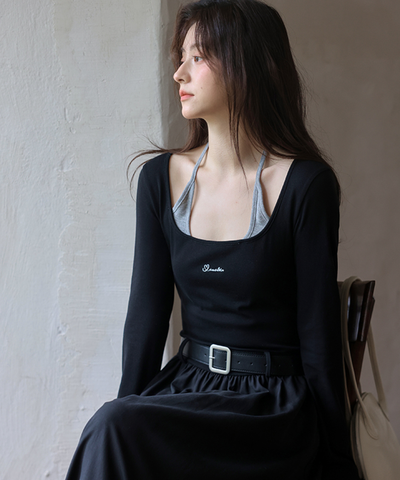 ロゴ刺繍フェイク2ピースウエストベルトワンピース