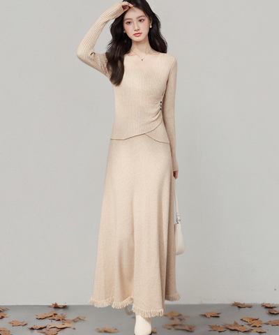 カシュクール風リブニットトップス＋フリンジロングスカート 2点セット