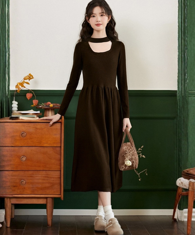 チョーカーデザインリブニットワンピース