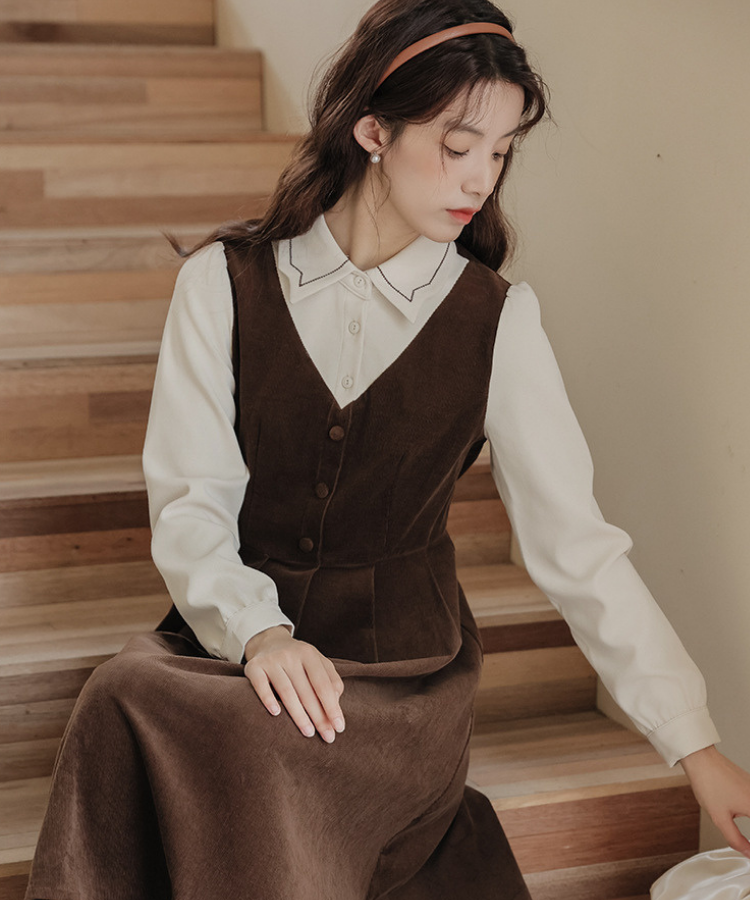 配色風ステッチ襟フェイクレイヤードコーデュロイワンピース