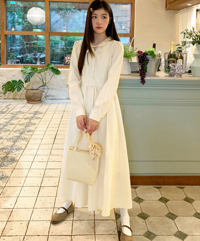 フリル襟リボン付きジャカードワンピース