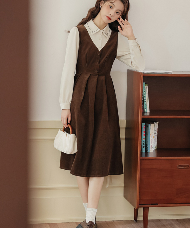 配色風ステッチ襟フェイクレイヤードコーデュロイワンピース