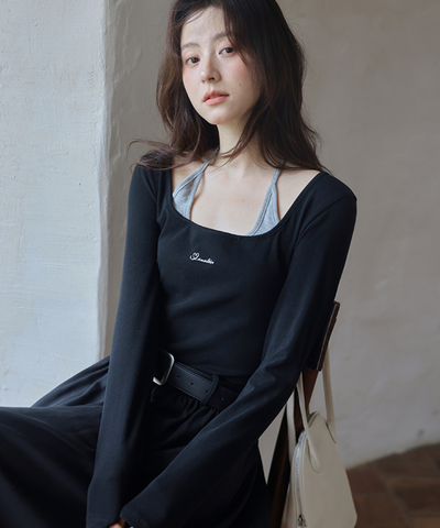 ロゴ刺繍フェイク2ピースウエストベルトワンピース