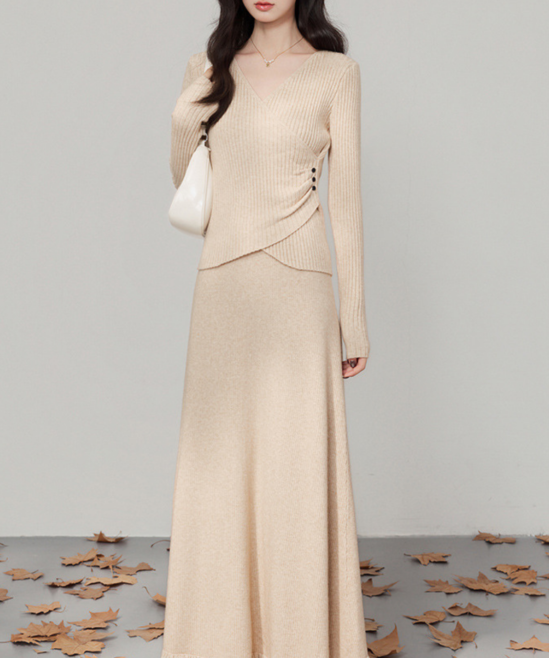 カシュクール風リブニットトップス＋フリンジロングスカート 2点セット