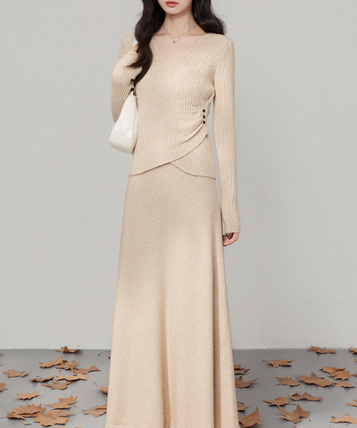 カシュクール風リブニットトップス＋フリンジロングスカート 2点セット