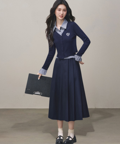 シャツ襟フェイクレイヤードトップス＋ボックスプリーツスカート 2点セット