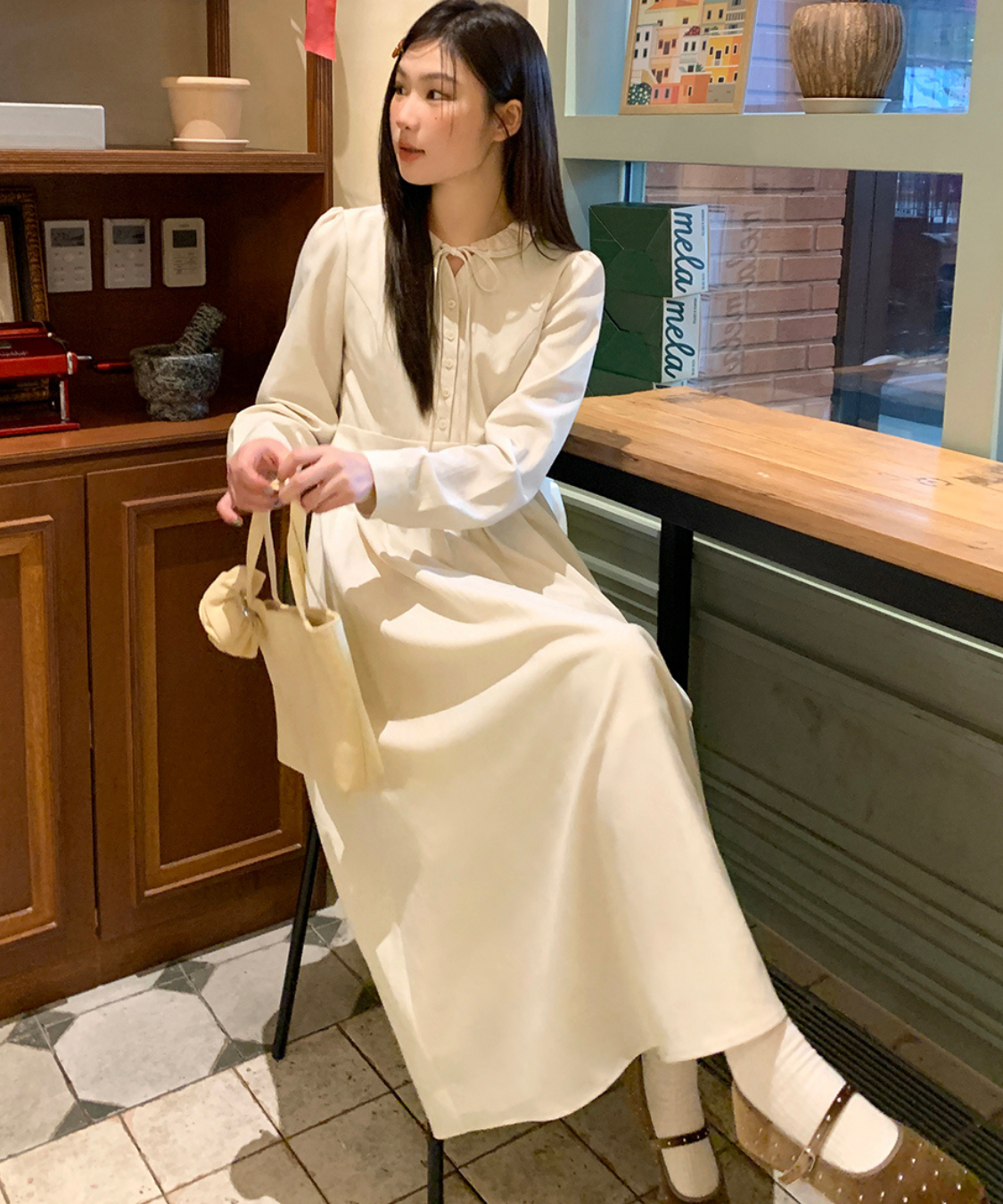 フリル襟リボン付きジャカードワンピース