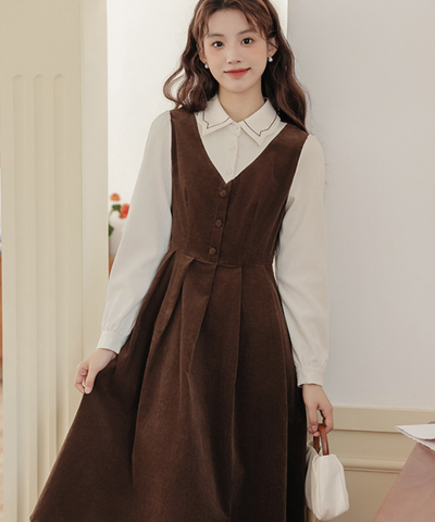 配色風ステッチ襟フェイクレイヤードコーデュロイワンピース