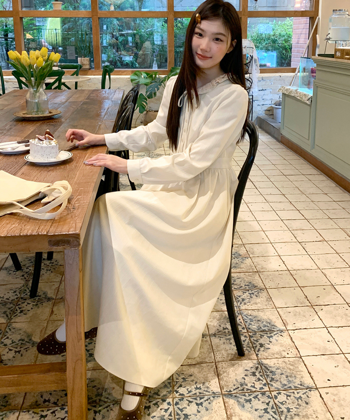 フリル襟リボン付きジャカードワンピース