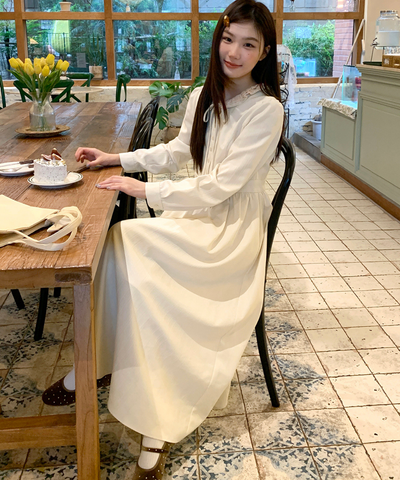 フリル襟リボン付きジャカードワンピース