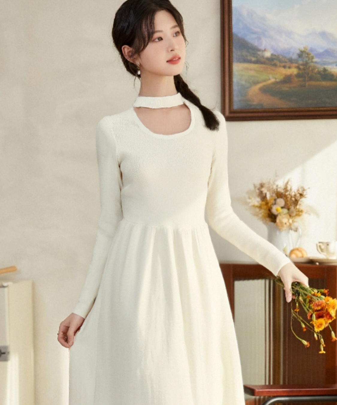 チョーカーデザインリブニットワンピース