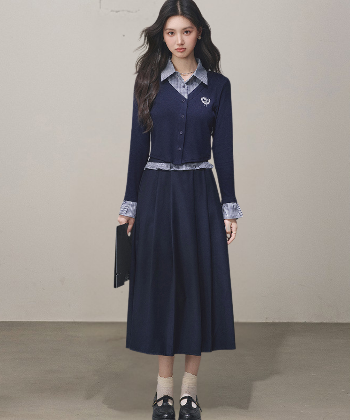 シャツ襟フェイクレイヤードトップス＋ボックスプリーツスカート 2点セット