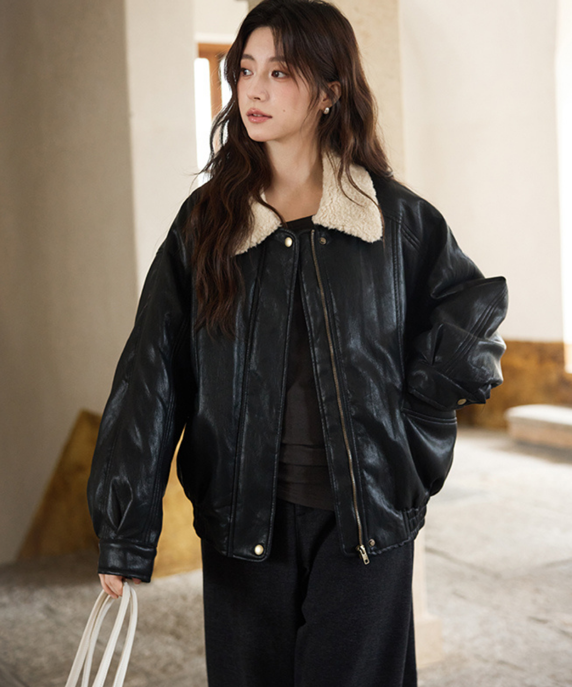 ボア襟フェイクレザーブルゾン