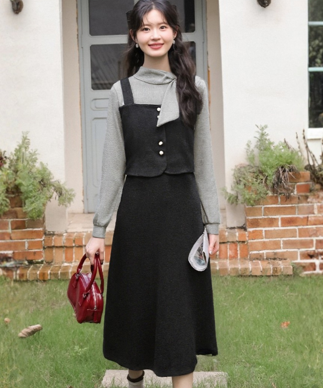 リボンタイフェイクツーピースワンピース